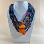 MULTY LAYERED BLUE WOODEN AND RESIN BEAD NECKLACE