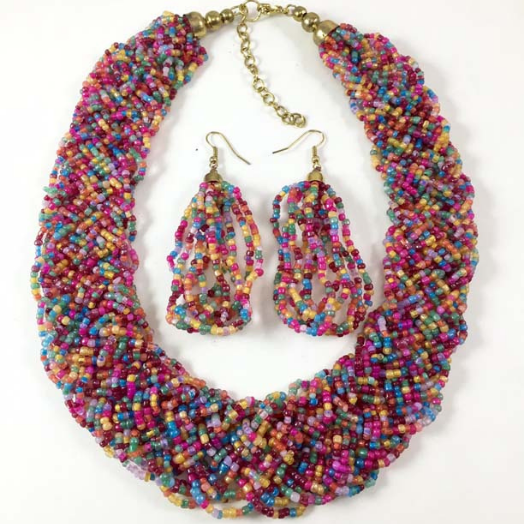 COLLIER MULTICOLORE DE PERLES DE ROCAILLE AVEC BOUCLES D'OREILLES