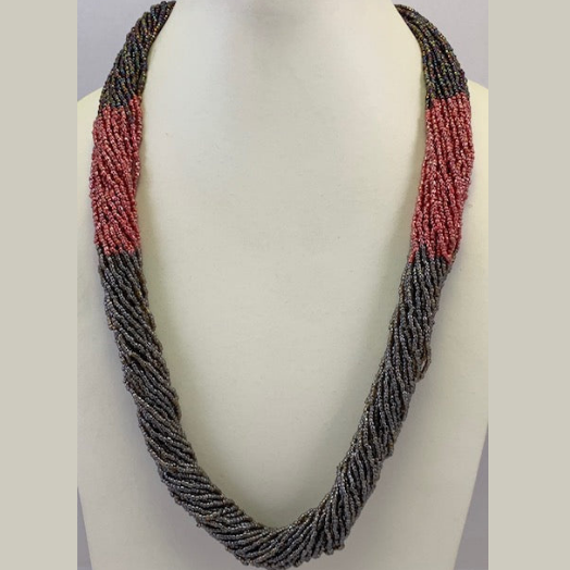 COLLIER DE PERLES DE ROCAILLE ROUGE, GRIS, BLEU