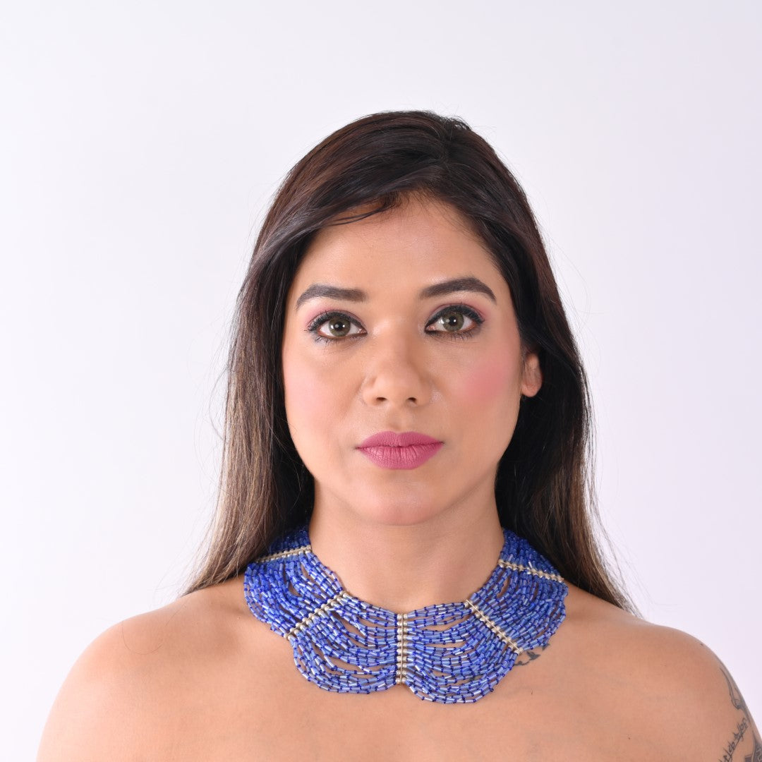 PJ710B - Cobalt blue color pipe seed bead necklace