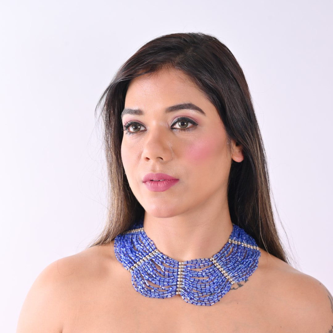 PJ710B - Cobalt blue color pipe seed bead necklace