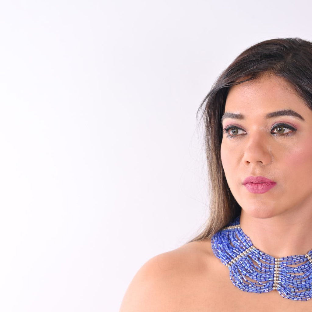 PJ710B - Cobalt blue color pipe seed bead necklace