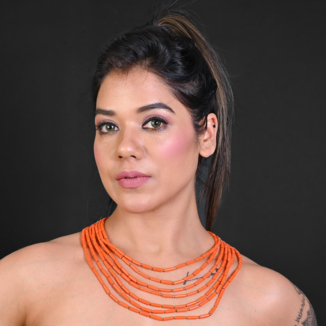 NK5133 - Orange Glass Bead Pipe Necklace