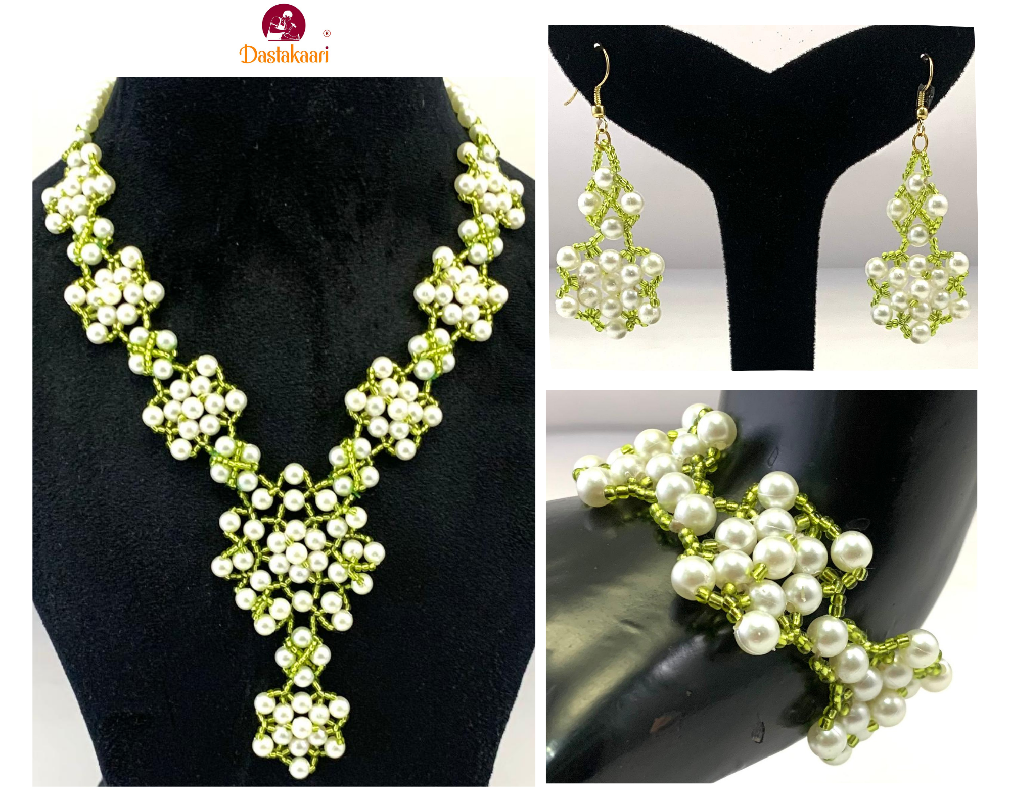 NK14593B ENSEMBLE COLLIER EN PLASTIQUE PERLES ET ROCAILLES BLANC ET VERT