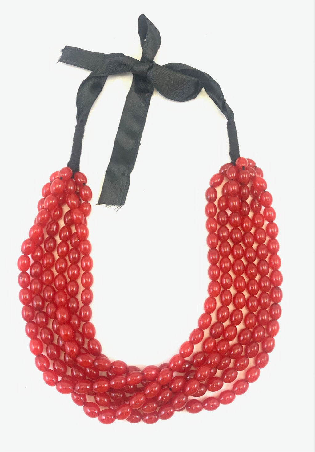 NK14533 Rote mehrschichtige Glasperlenkette mit schwarzem Band