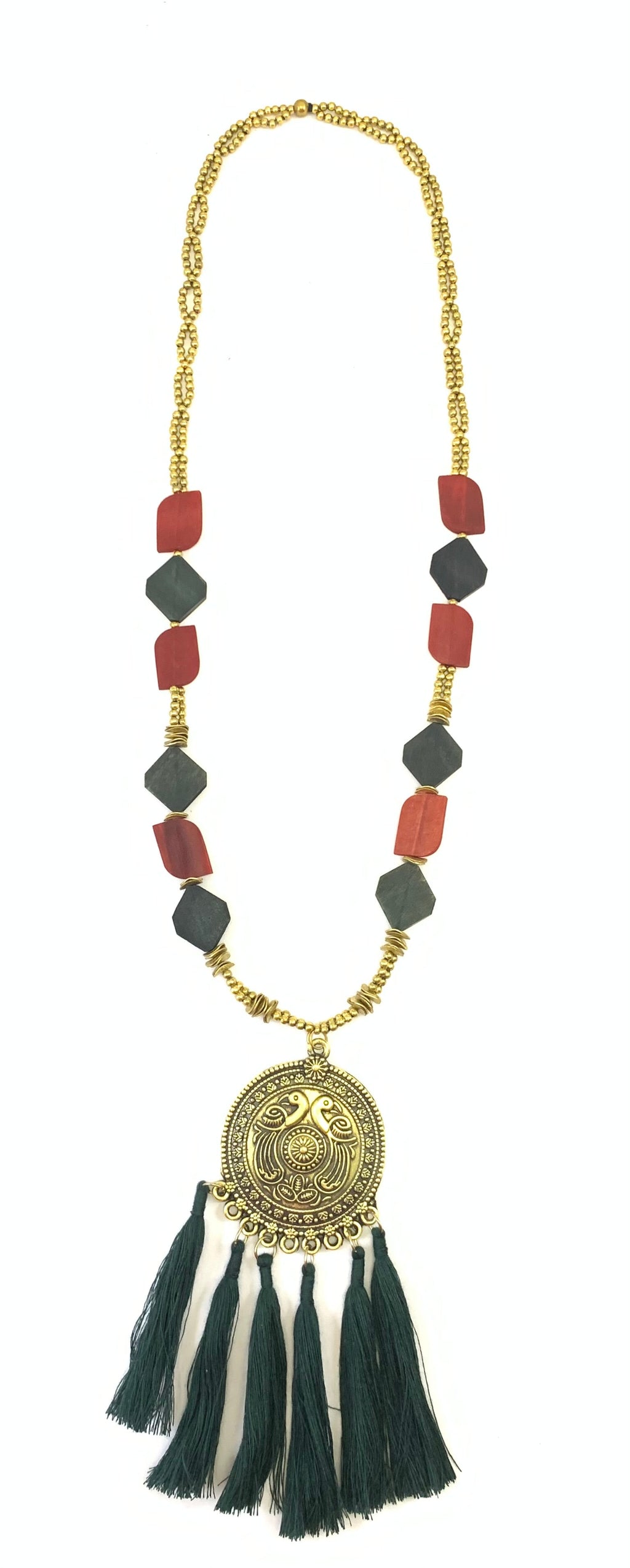 NK8581 - HORNPERLE & ANTIKGOLD METALLKUGEL/ANHÄNGER MIT FADENQUASTEN-HALSKEtte