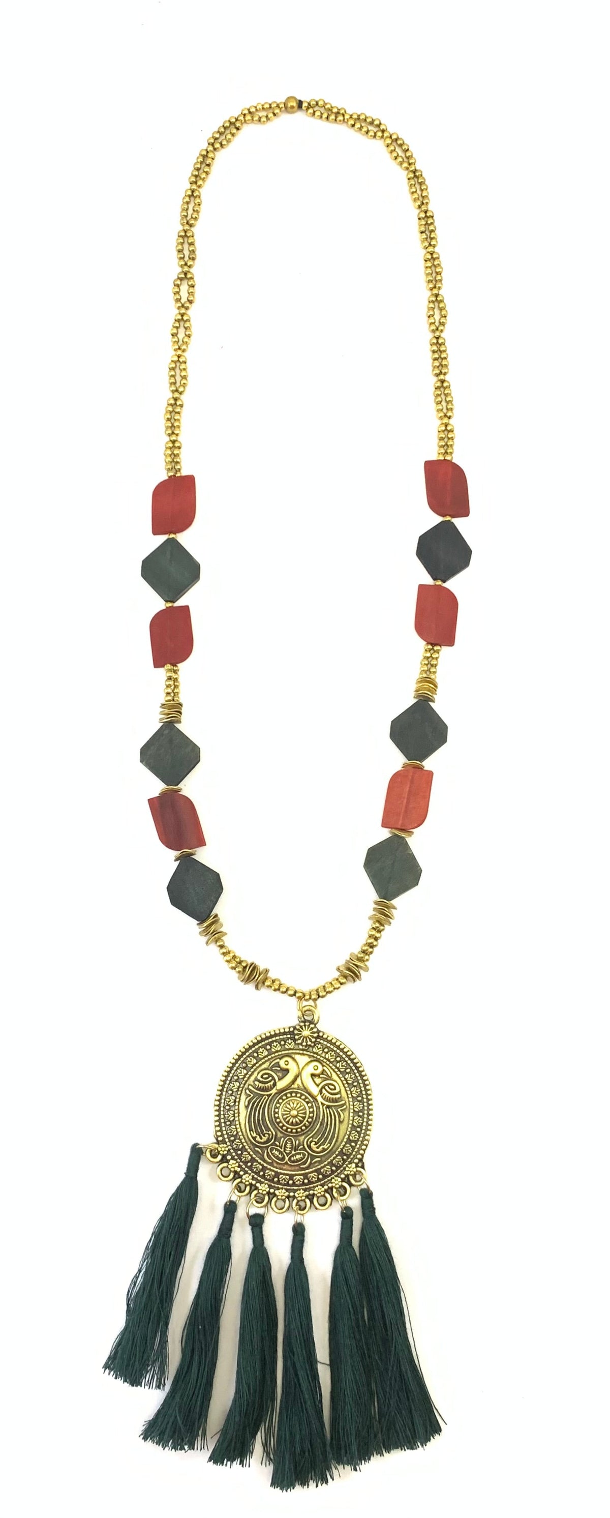 NK8581 - HORNPERLE & ANTIKGOLD METALLKUGEL/ANHÄNGER MIT FADENQUASTEN-HALSKEtte