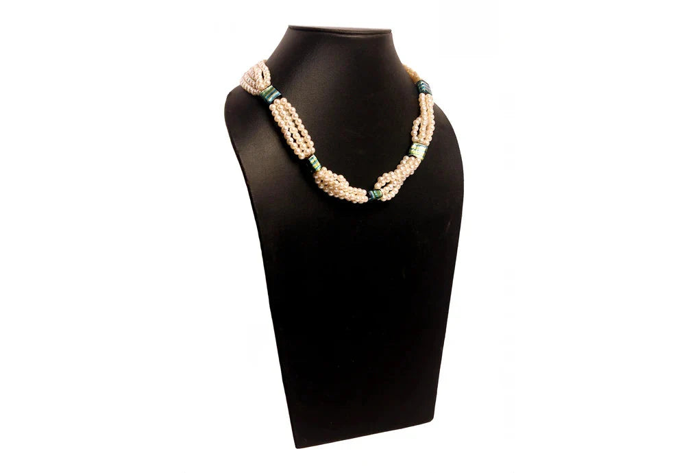 NK 12027 Artificial white pearl & green multi silver foil bead necklace dastakaaristore