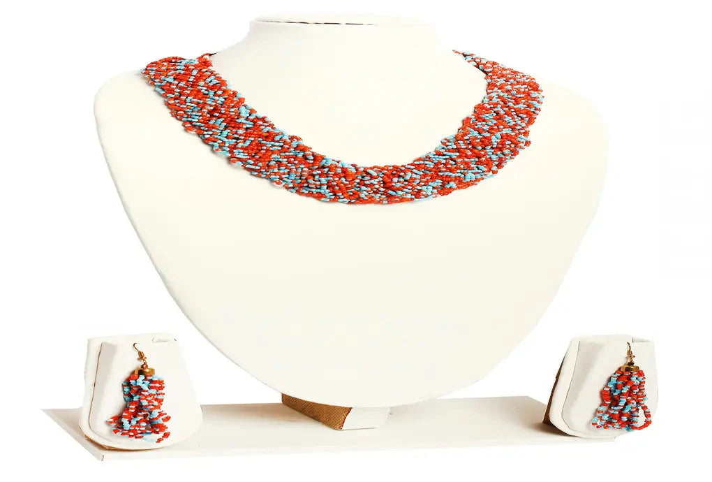 NK 3739 Red Multicolor seed bead choti necklace with matching earrings set dastakaaristore