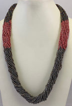 COLLIER DE PERLES DE ROCAILLE ROUGE, GRIS, BLEU