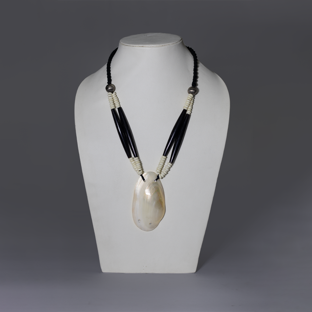 HORN PIPE & BONE BEAD WITH THREAD BRAIDED & SHELL PENDANT NECKLACE