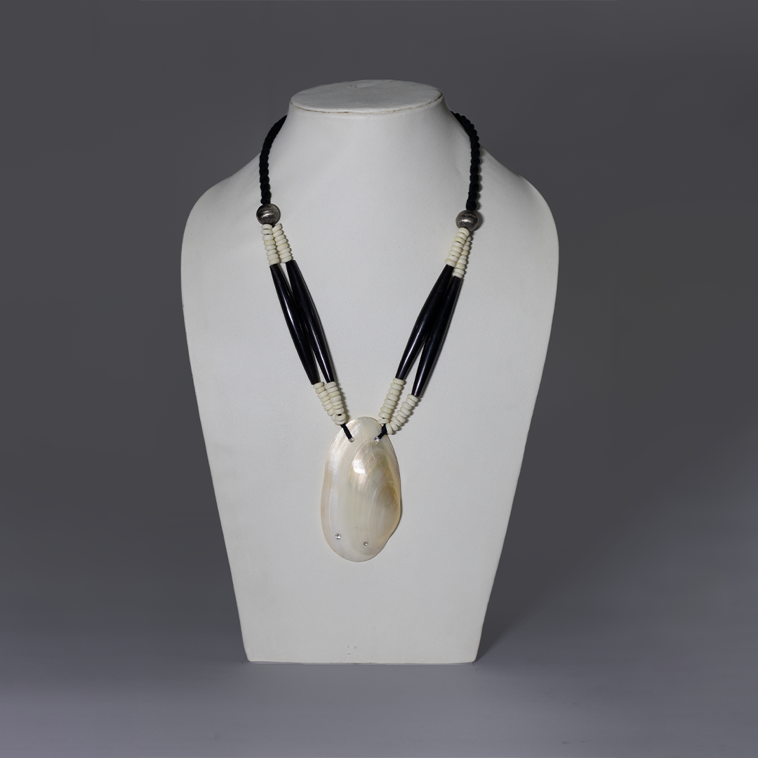 HORN PIPE & BONE BEAD WITH THREAD BRAIDED & SHELL PENDANT NECKLACE