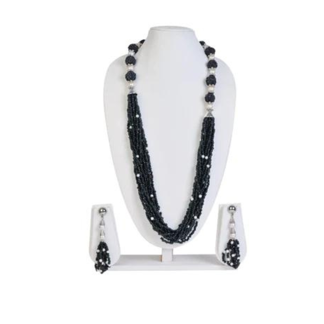 NK11883B - Black seed bead necklace with matching earrings