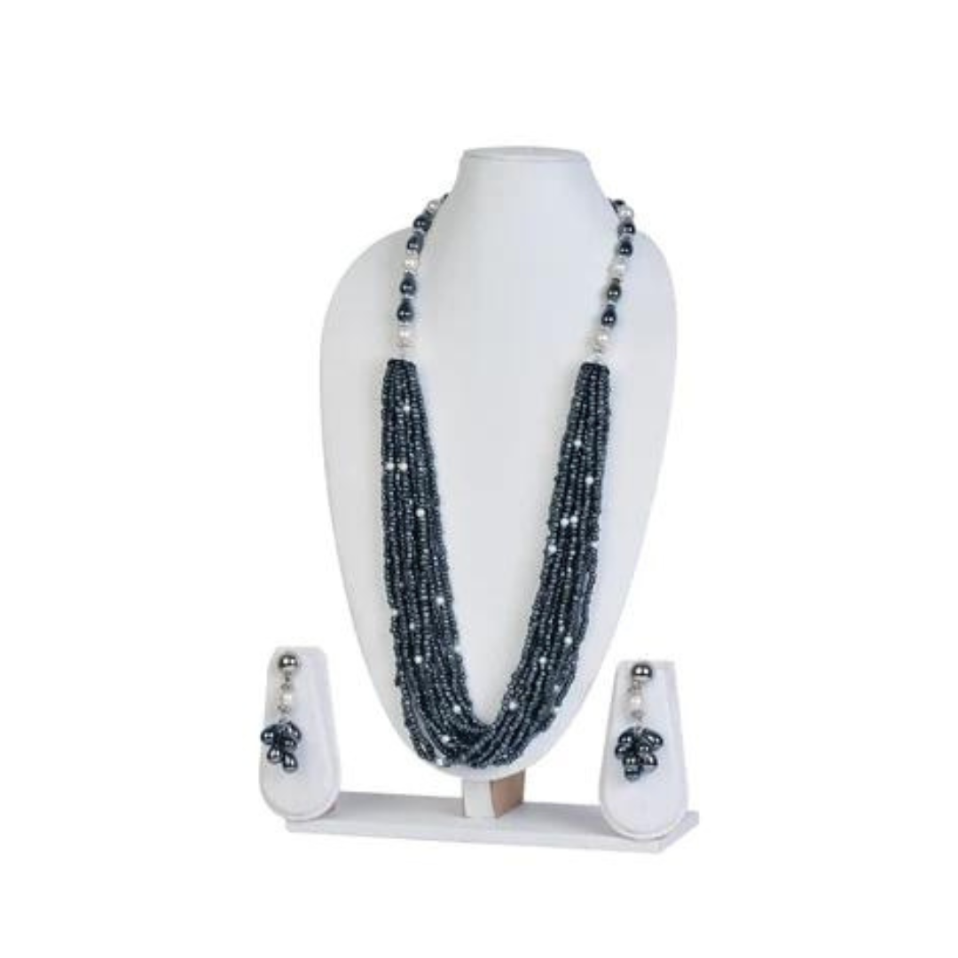 NK11883B - Black seed bead necklace with matching earrings