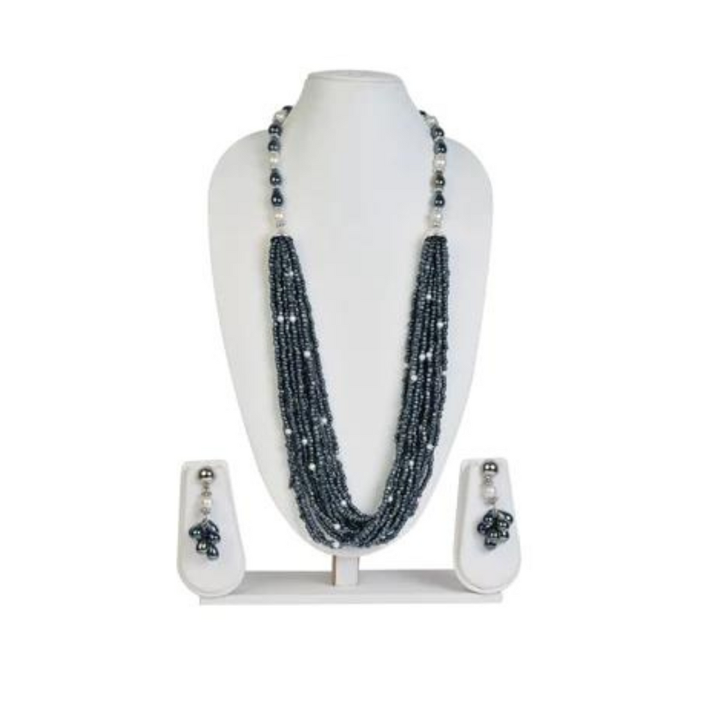 NK11883G - Grey seed bead with artificial pearl necklace with matching earrings