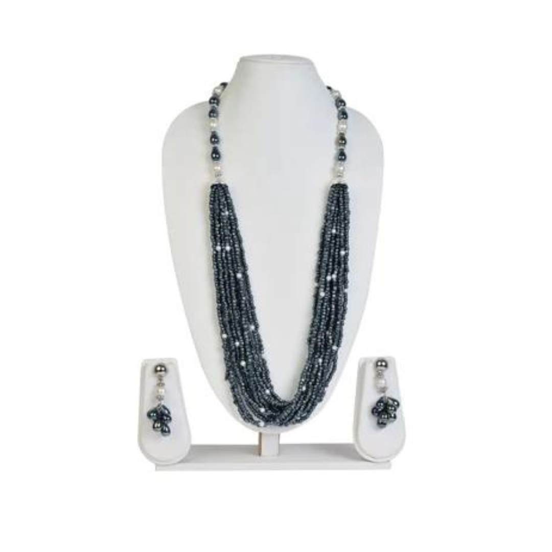NK11883G - Grey seed bead with artificial pearl necklace with matching earrings