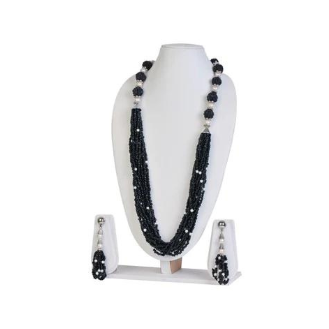 NK11883G - Grey seed bead with artificial pearl necklace with matching earrings
