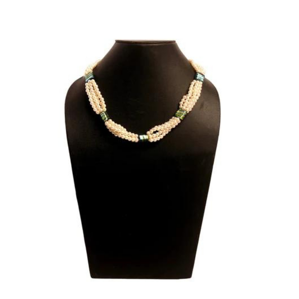 NK12027 - Artificial white pearl & green multi silver foil bead necklace