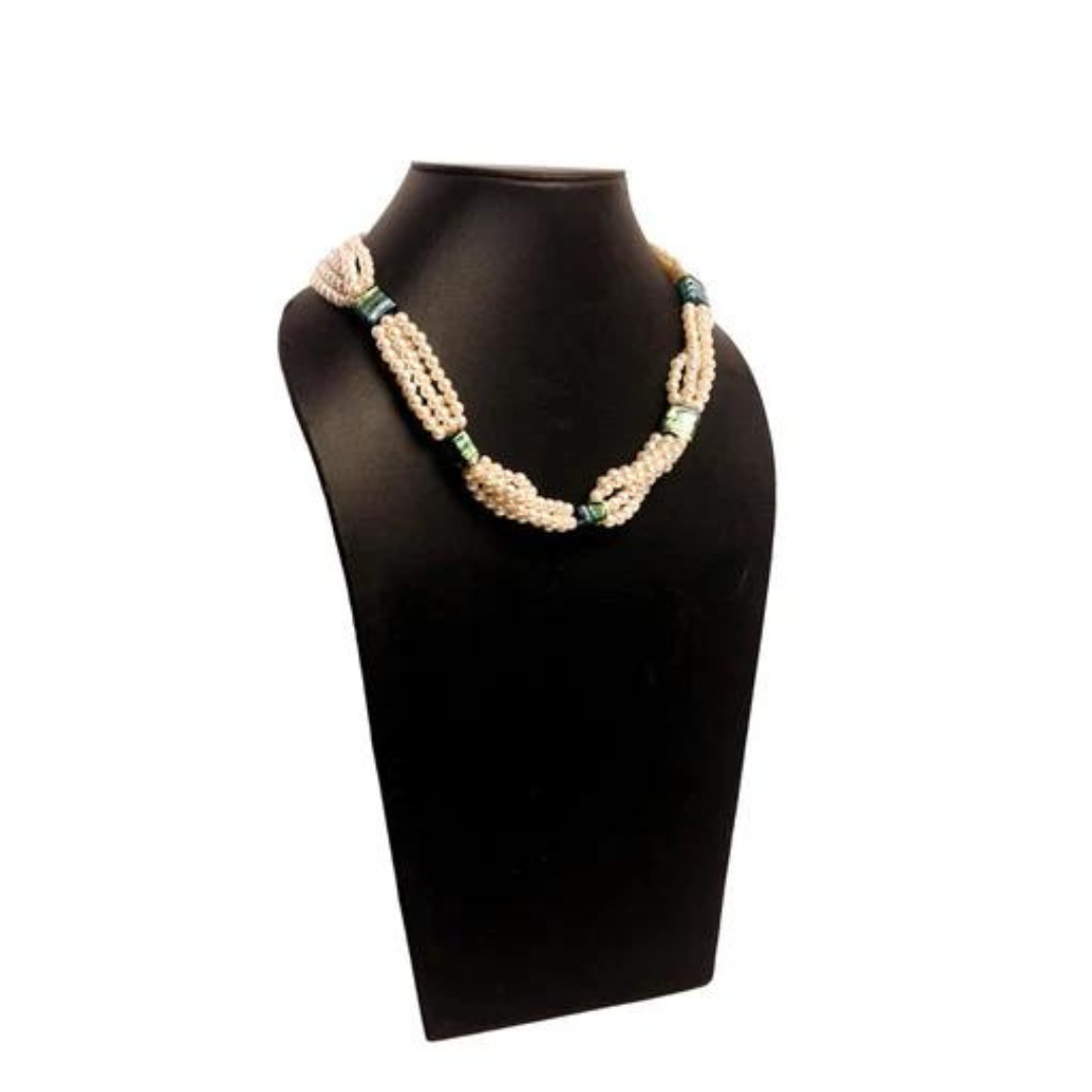 NK12027 - Artificial white pearl & green multi silver foil bead necklace