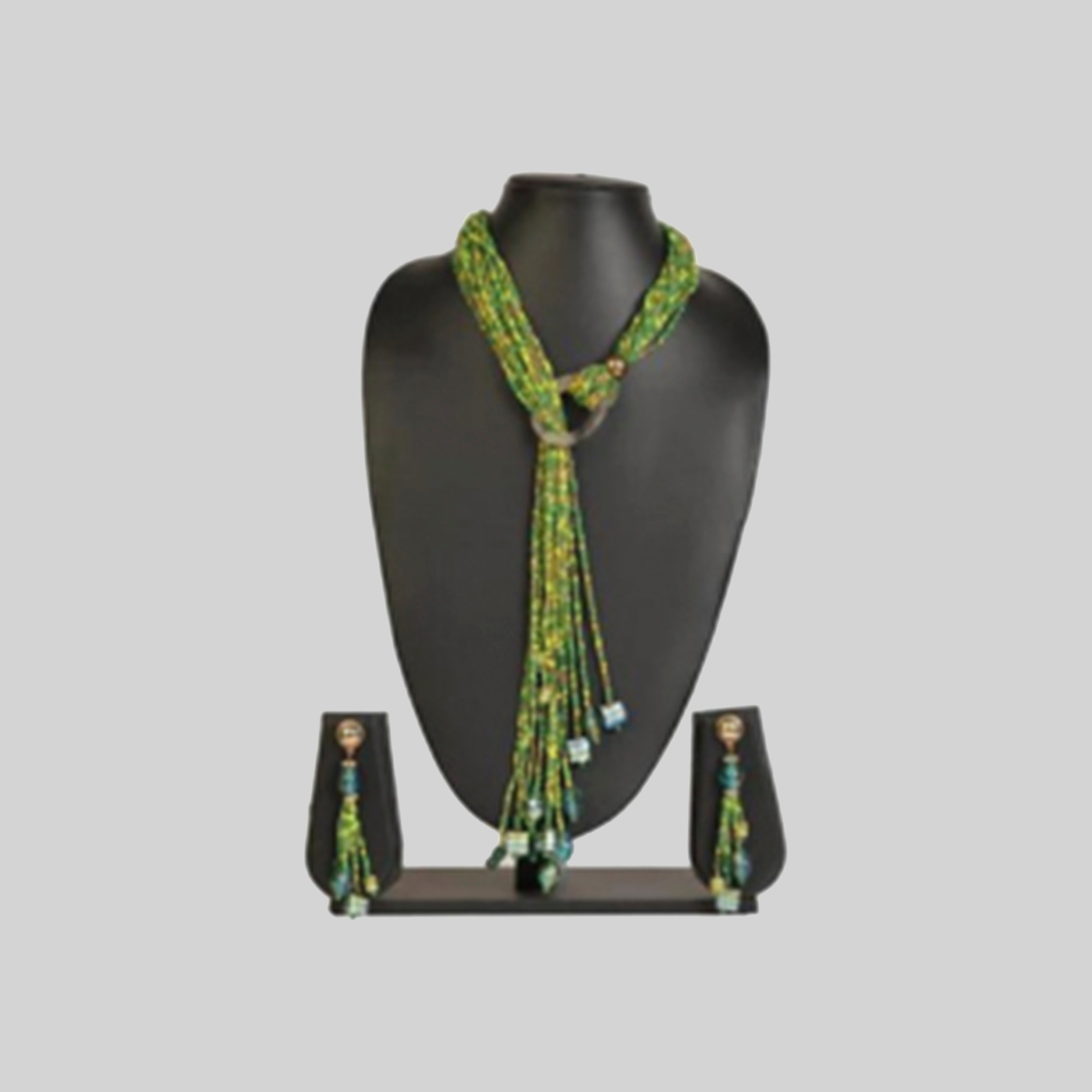 NK11892 - Green multicolor seed bead ring necklace with matching earrings